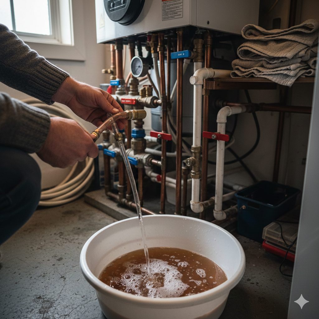 보일러실에서 한 사용자가 구리 배관에 연결된 밸브를 조절하며 투명한 호스를 통해 배관 속 물을 흰색 대야에 쏟아내고 있어요. 대야에는 공기와 함께 빠져나온 갈색빛의 오염된 난방수가 담겨 있으며, 배경에는 복잡하게 얽힌 보일러 배관 시스템과 수압 게이지가 선명하게 보여 사실적인 작업 현장을 나타내요.