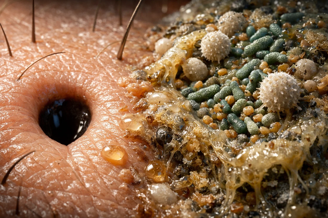 인체 피부 위에 증식한 세균과 미생물을 확대해 표현한 이미지