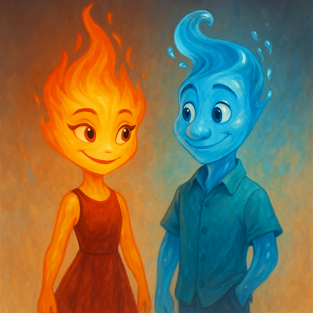 불(여자)과 물(남자)이 서로 마주 보고 있는 모습