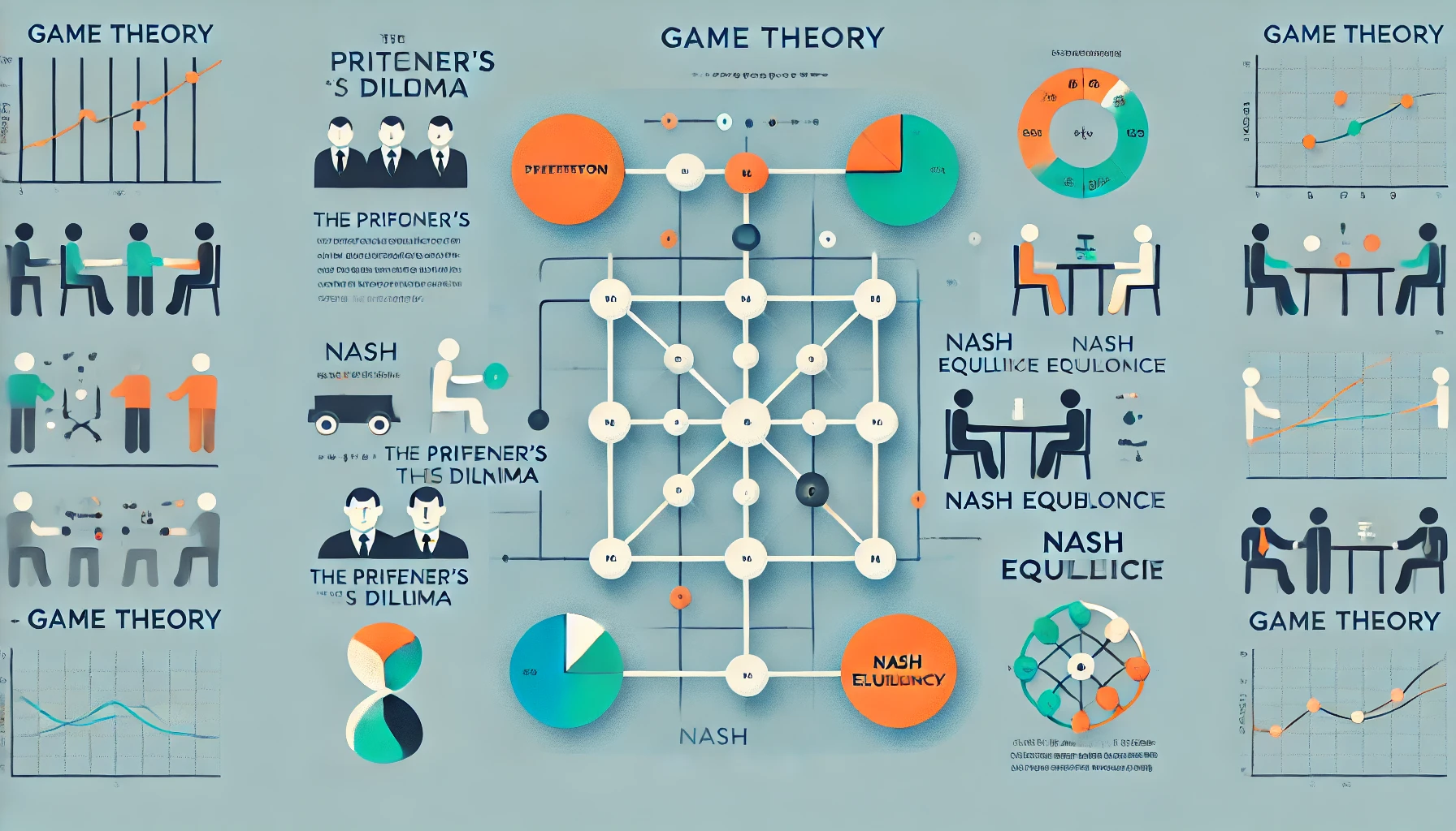 게임이론의 핵심 개념을 설명하는 인포그래픽. 죄수의 딜레마, 내쉬 균형 등 주요 이론 시각화