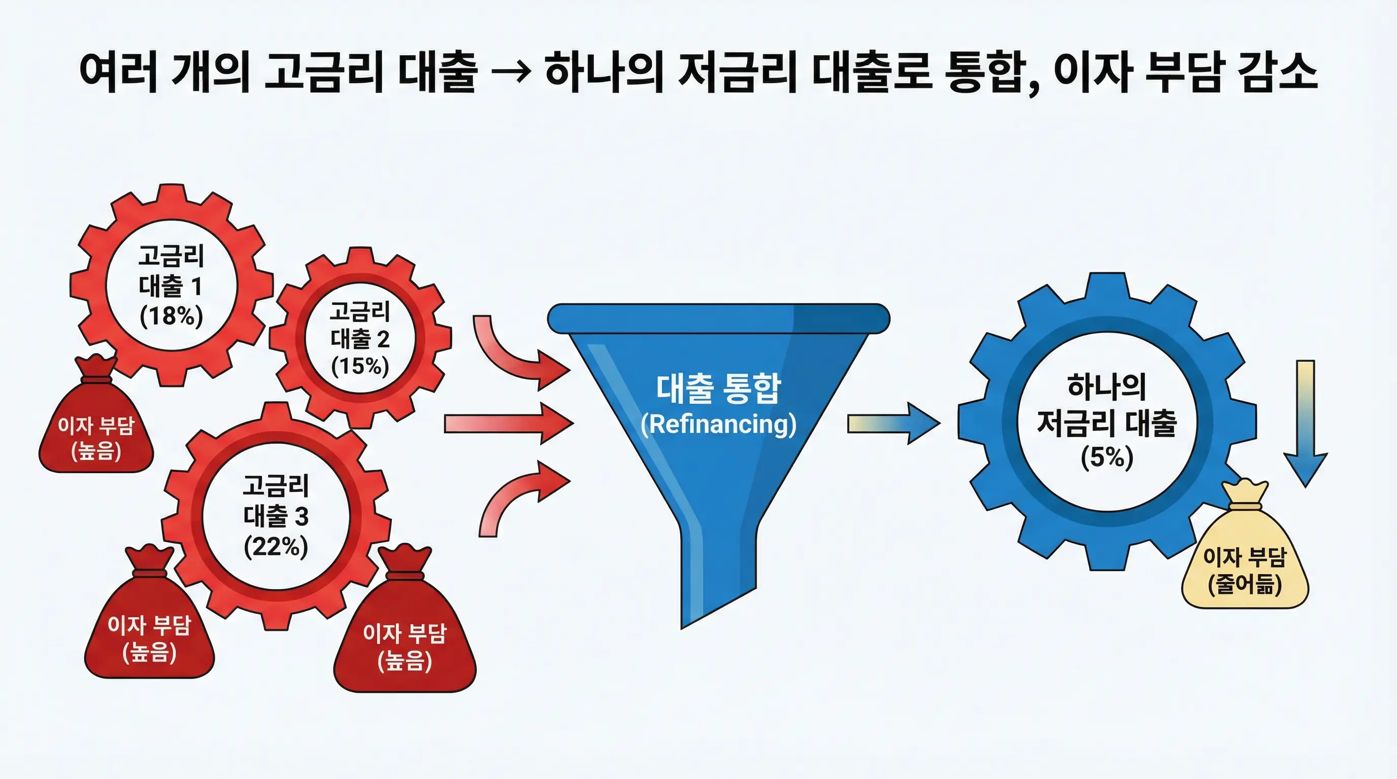 여러 개의 고금리 대출이 하나의 저금리 대출로 통합되어 이자 부담이 줄어드는 인포그래픽