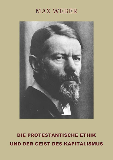 검은색 수염을 기른 중년 남성의 흑백 사진이 중앙에 배치되어 있으며, 상단에는 'MAX WEBER', 하단에는 독일어 제목 'DIE PROTESTANTISCHE ETHIK UND DER GEIST DES KAPITALISMUS'가 적혀 있다. 이는 막스 베버의 대표 저서 『프로테스탄트 윤리와 자본주의 정신』의 표지이다.