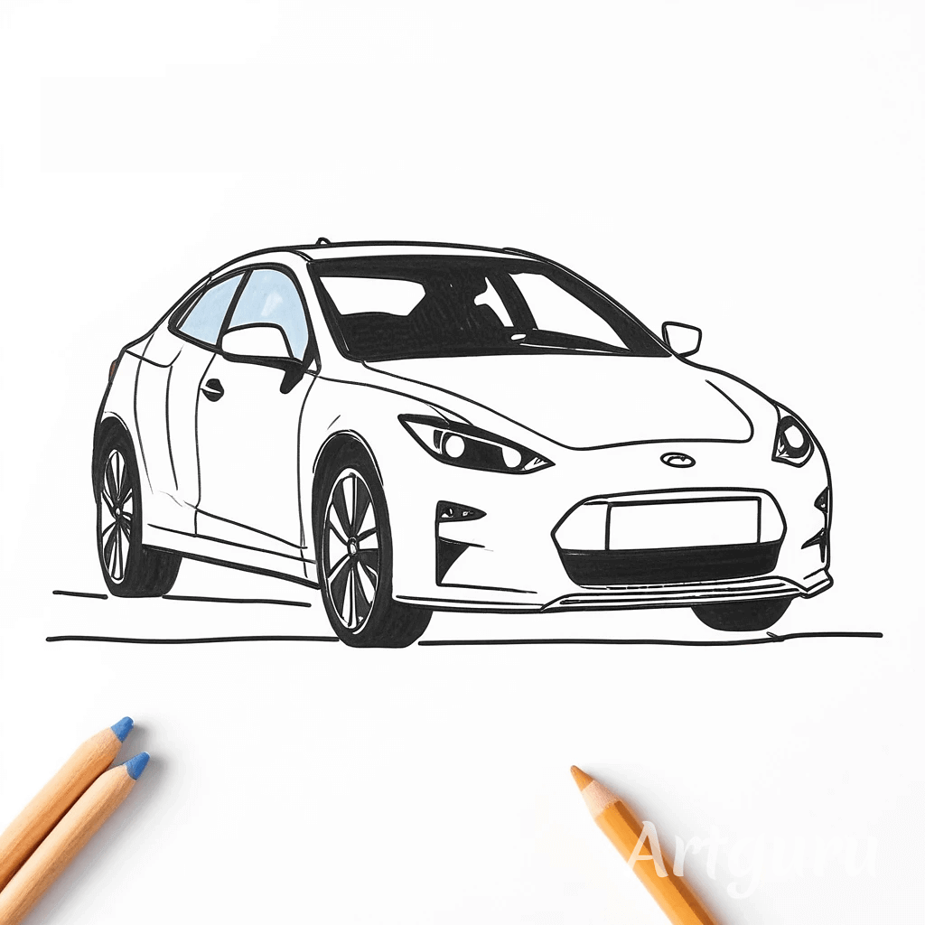 흰색자동차를 스케치 옆에 색연필 3자루
