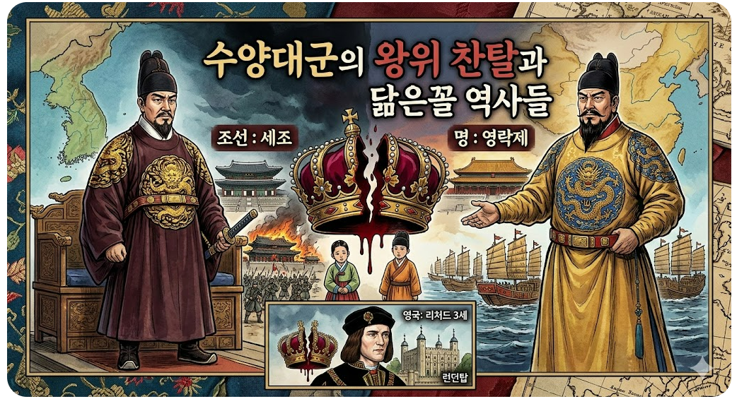 수양대군의 왕위 찬탈 역사의 평행이론, 조선 태종, 명 영락제, 영국 리처드 3세