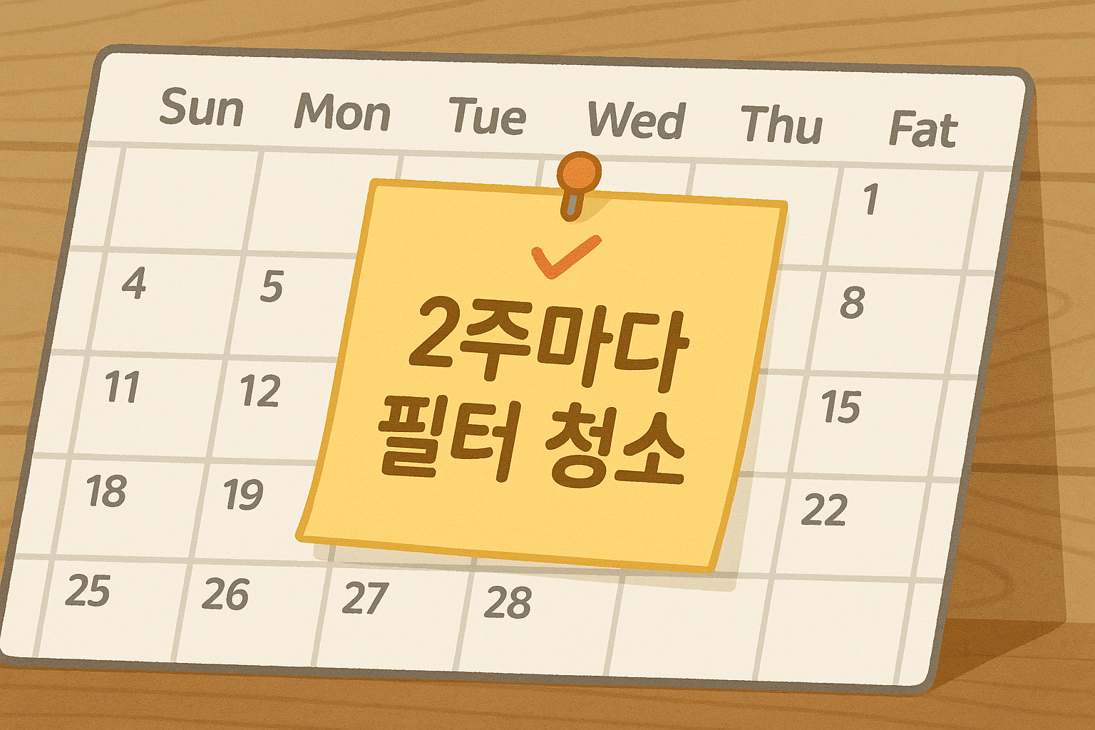 탁자 위 달력에 &lsquo;2주마다 필터 청소&rsquo;라고 적힌 메모가 붙어 있는 모습