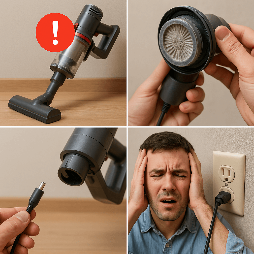 청소기고장원인 4가지를 이미지로 보여줌 ,고온으로 인한 과열 문제,먼지통과 필터의 막힘,배터리 문제,전원 연결 상태 확인