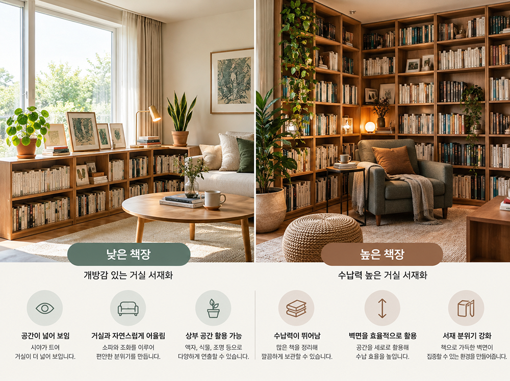 낮은 원목 책장으로 개방감을 살린 거실과 벽면을 높게 활용한 책장 중심 서재를 비교한 인테리어 이미지