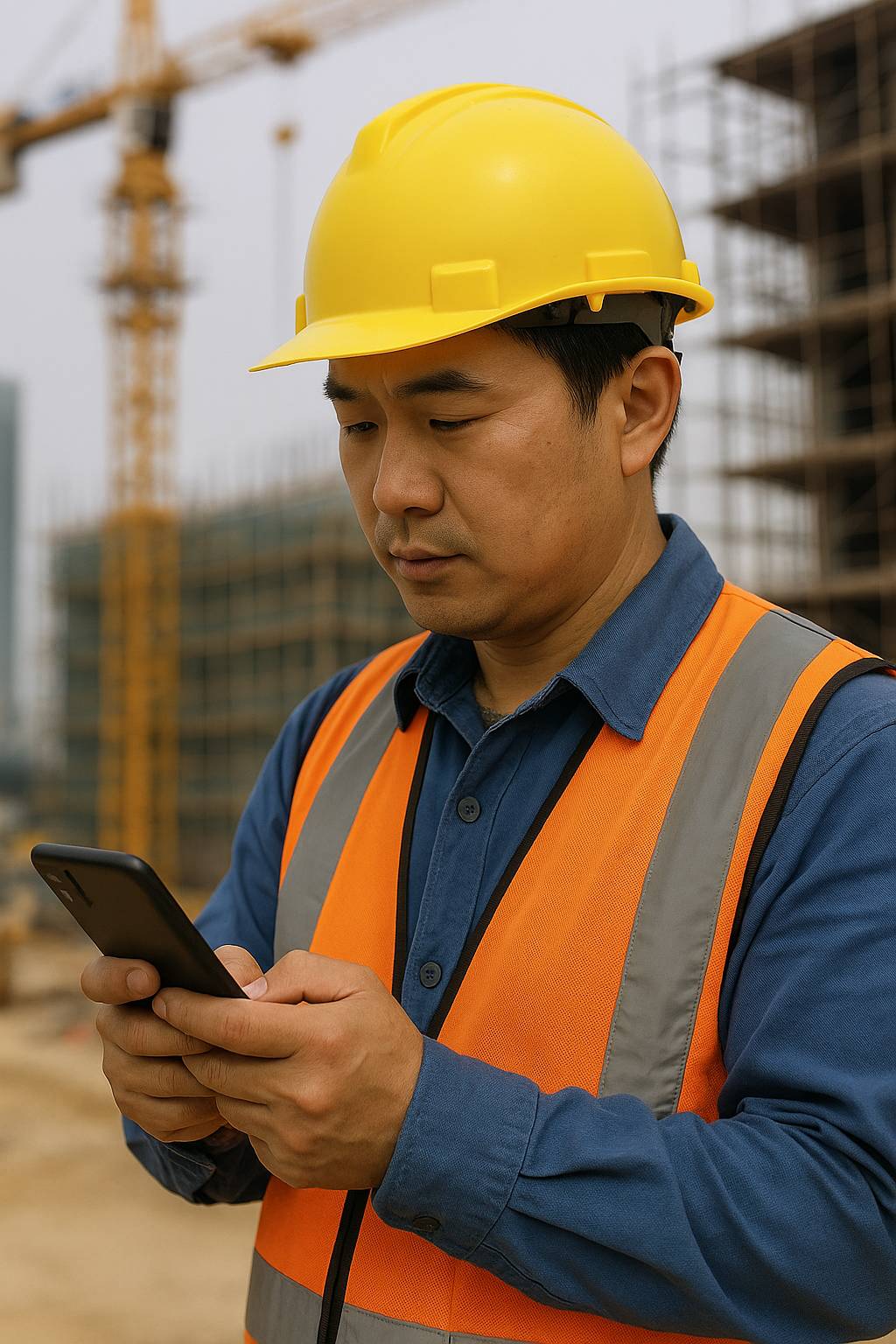건설현장에서 스마트폰으로 앱을 확인 중인 중년 아시아 남성 근로자 이미지
