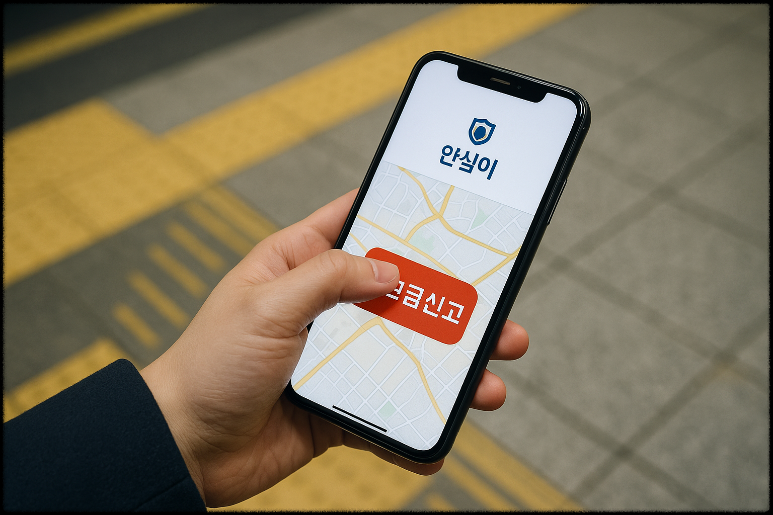 스마트폰 안심이 앱에서 긴급 신고 버튼을 누르는 모습