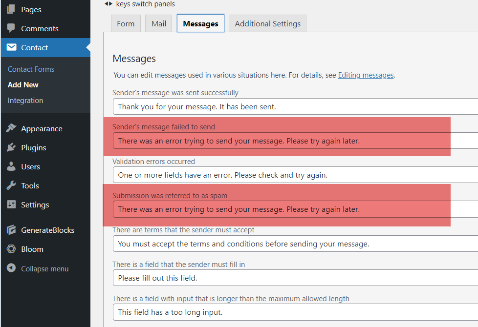 워드프레스 Contact Form 7: 메시지를 보내는 도중 오류가 발생했습니다 오류가 발생하는 경우