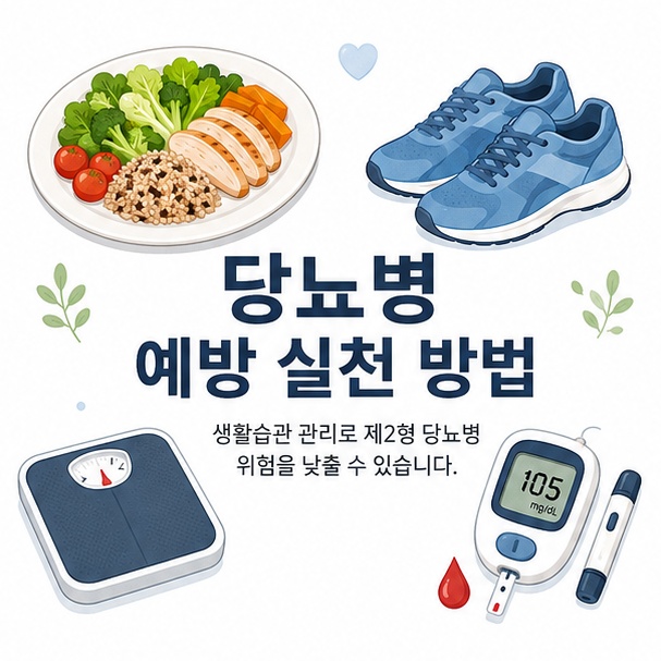 건강한 식사와 운동, 체중 관리, 혈당검사를 함께 배치해 제2형 당뇨병 예방 생활습관을 표현한 이미지