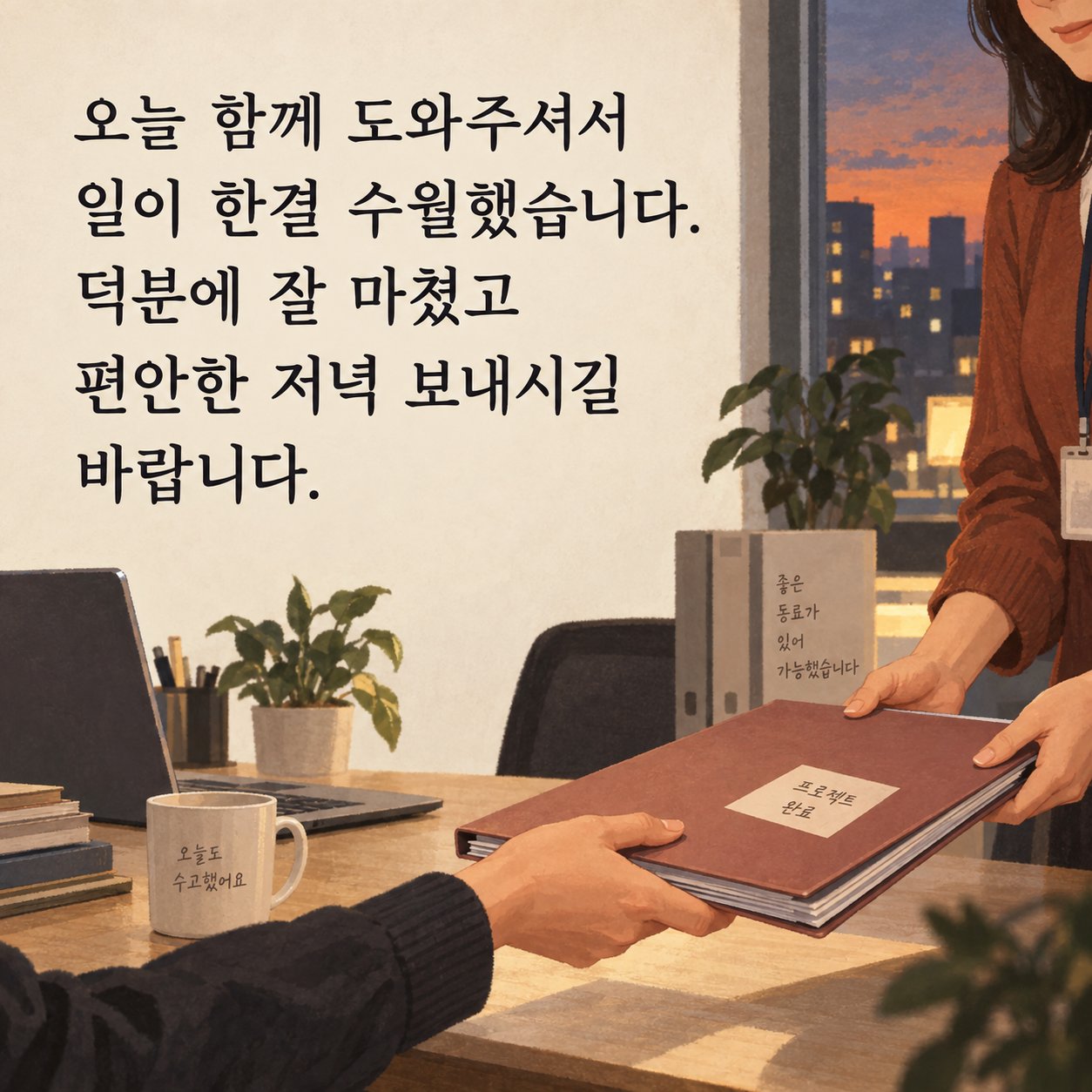 직장인 저녁 인사 이미지 13 — 오늘 함께 도와주셔서 일이 한결 수월했습니다. 덕분에 잘 마쳤고 편안한 저녁 보내시길 바랍니다.