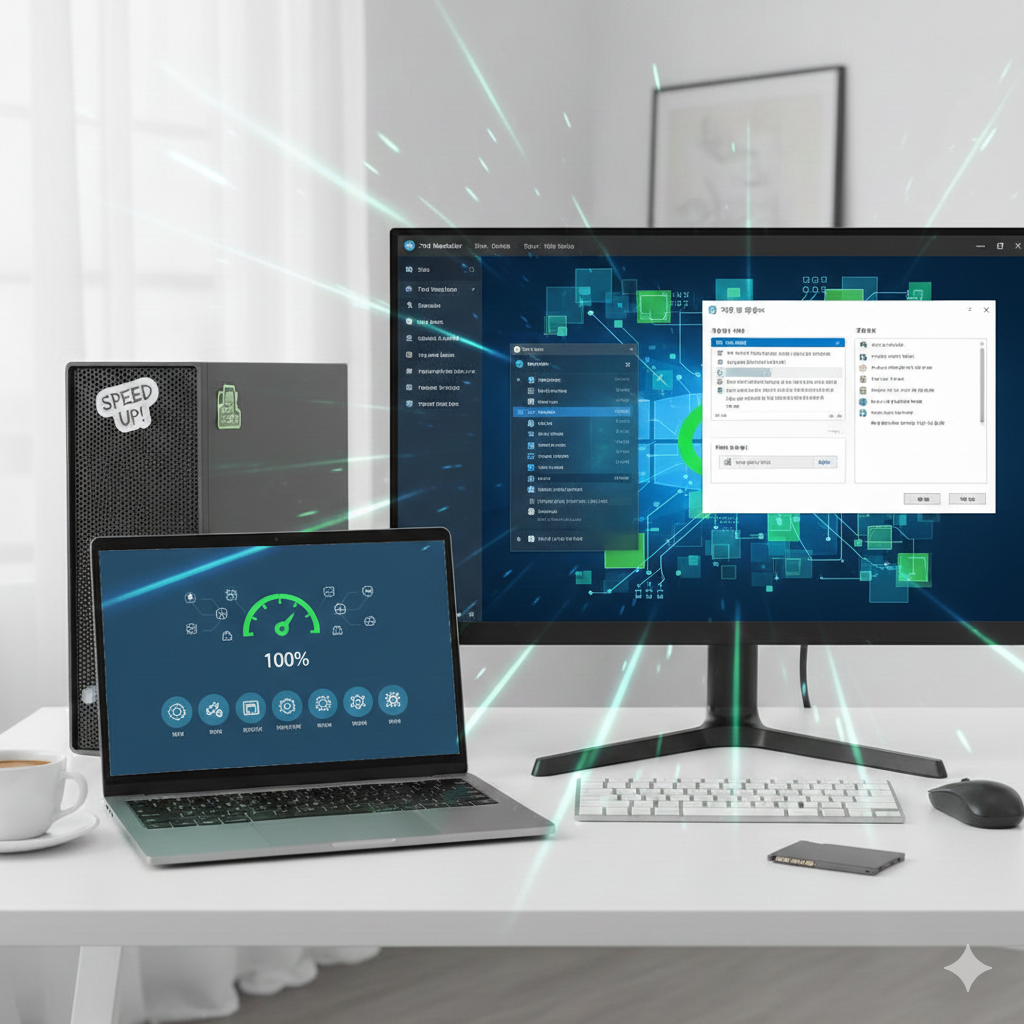 느려진 윈도우 컴퓨터를 최적화해 속도를 개선하는 장면을 보여주는 이미지