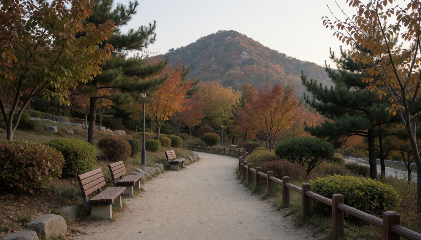 가을 산 아래 벤치와 낮은 난간이 있는 완만한 산책로