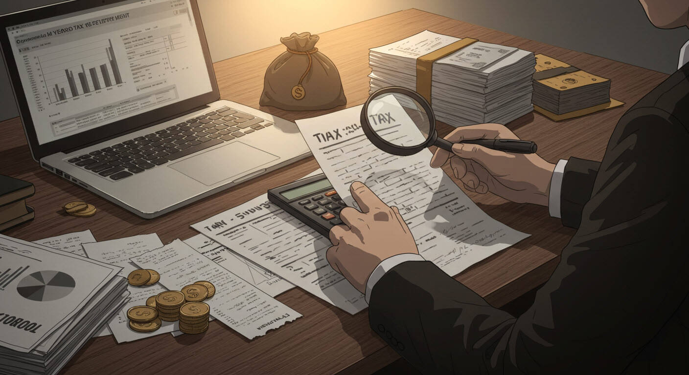 한 신사가 노트북이 있고 코인이 있고 계산기도 있고 tax 가 적혀있는 종이를 돋보기로 보고 있다