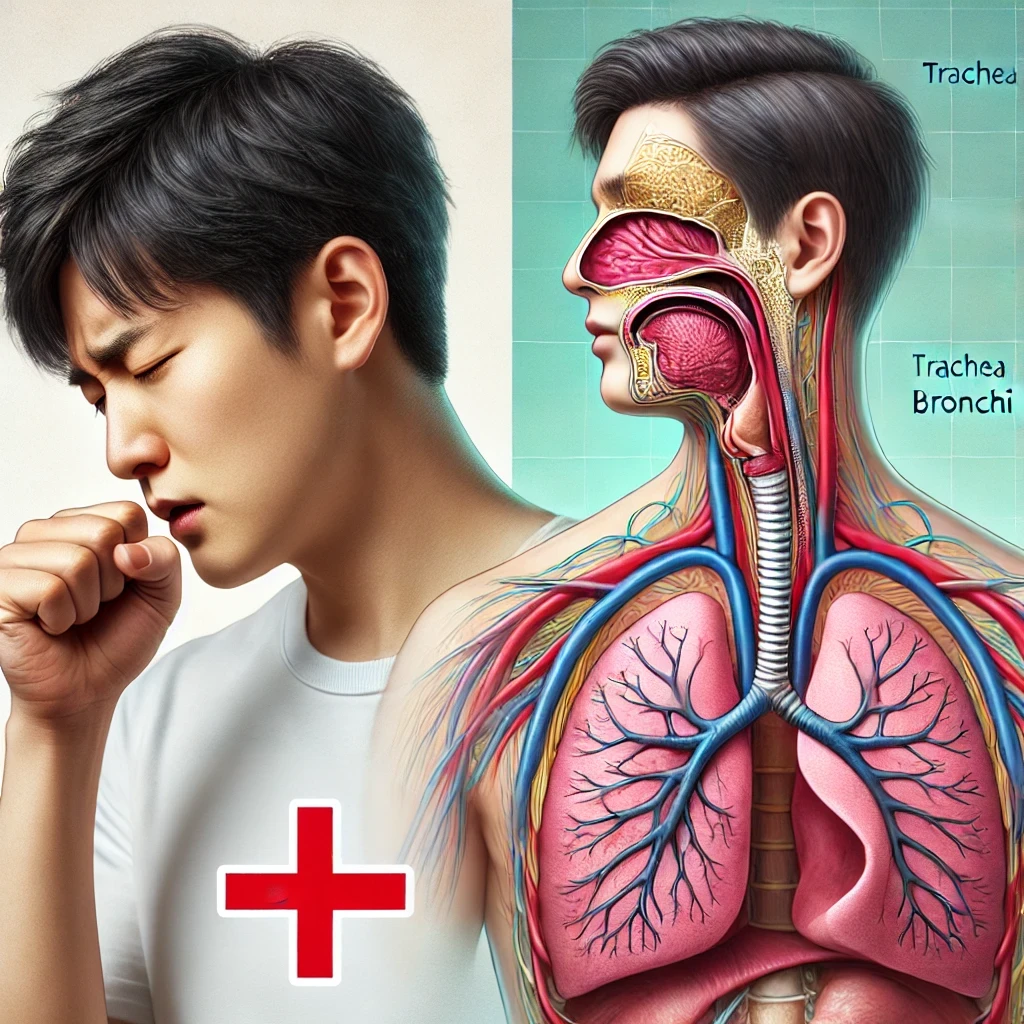 기침을 하며 가슴을 누르는 사람과 기관지 구조를 보여주는 인체 일러스트 이미지