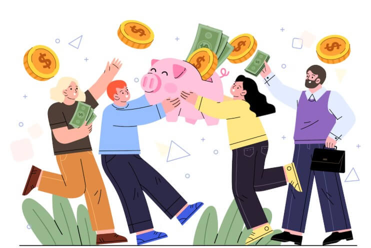 부를 상징하는 돼지를 떠 받들고 있는 사람들