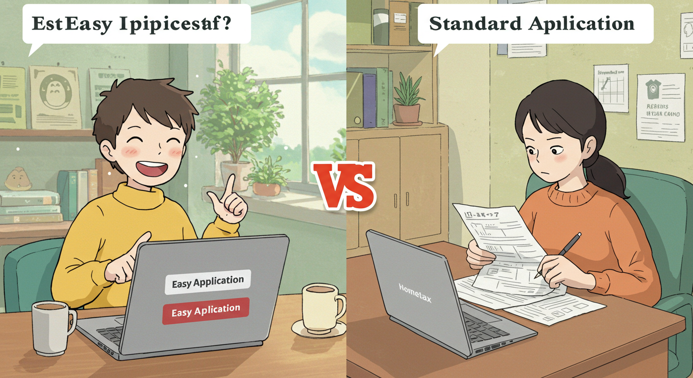 홈택스 간편신청과 일반신청을 비교하는 두 사람