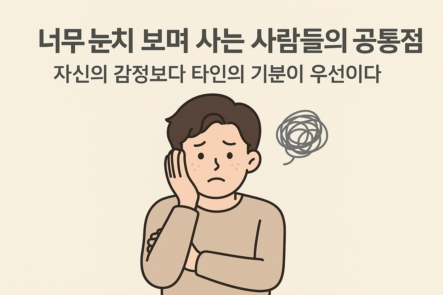 안한 표정으로 한쪽 뺨을 짚고 있는 인물의 일러스트. 머릿속에는 복잡한 생각을 상징하는 회색 선이 떠 있으며, 타인의 시선을 신경 쓰며 사는 사람의 심리를 상징적으로 표현한 감성 일러스트