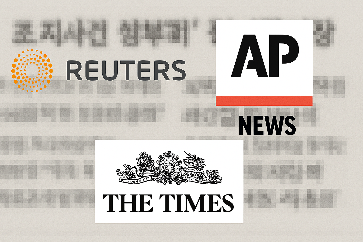 로이터(Reuters), AP 뉴스(AP News), 더 타임스(The Times) 로고가 배열된 뉴스 콜라주, 배경에는 한국어 정치 스캔들 관련 헤드라인이 흐릿하고 픽셀 처리된 상태로 배치된 16:9 비율의 깔끔한 디자인