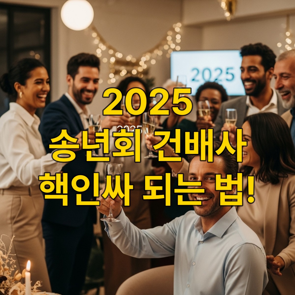 2025년 직장인 송년회에서 다양한 연령대의 동료들이 환하게 웃으며 건배하는 모습. 따뜻하고 유쾌한 분위기 속에서 한 직원이 센스 있게 건배사를 하고 있다.