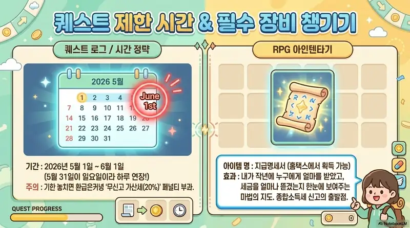 종합소득세 신고: 2026년 종합소득세 신고 기간(5월 1일~6월 1일)과 지급명세서 등 필수 준비물을 달력과 아이템 형태로 정리한 인포그래픽 이미지. 이 이미지는 신고 마감일과 홈택스에서 지급명세서를 확인하는 방법 정보를 시각적으로 전달하며, 블로그의 종합소득세 신고 기간 및 준비물과 관련된 내용을 설명함