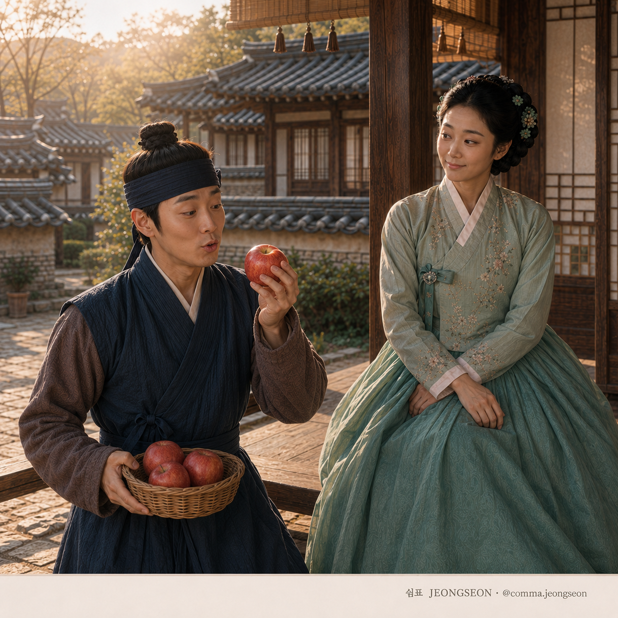 한옥 마당에서 윤겸이 사과 바구니를 품에 안고 사과 하나를 들어 영어를 떠올리며, 마님이 툇마루에서 흐뭇하게 바라보는 장면