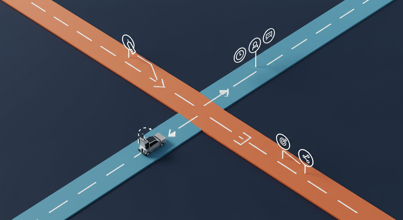 두 갈래 트랙이 서로 다른 깃발(클릭/체류·공유)로 향하는 상징 이미지