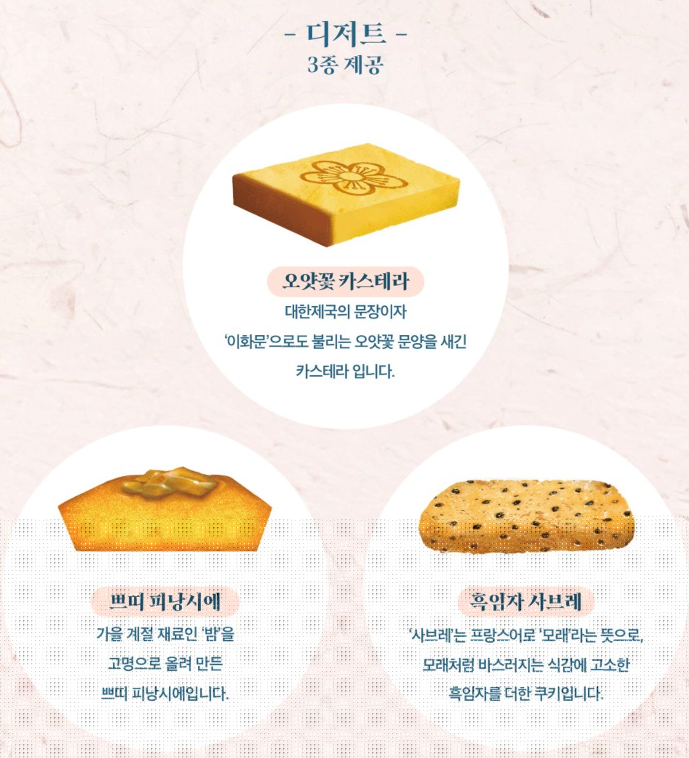 덕수궁 석조전 야간 탐방 디저트 안내: 오얏꽃 카스테라, 뻬떼 피낭시에, 흑임자 사브레 3종 세트