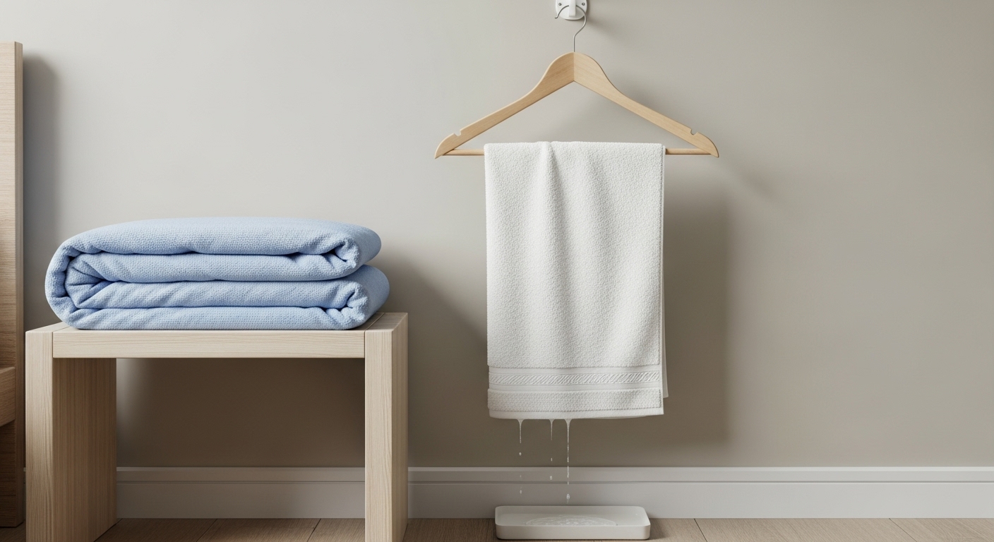 침실 테이블 위 이불 옆에 젖은 수건이 옷걸이에 걸려있는 모습