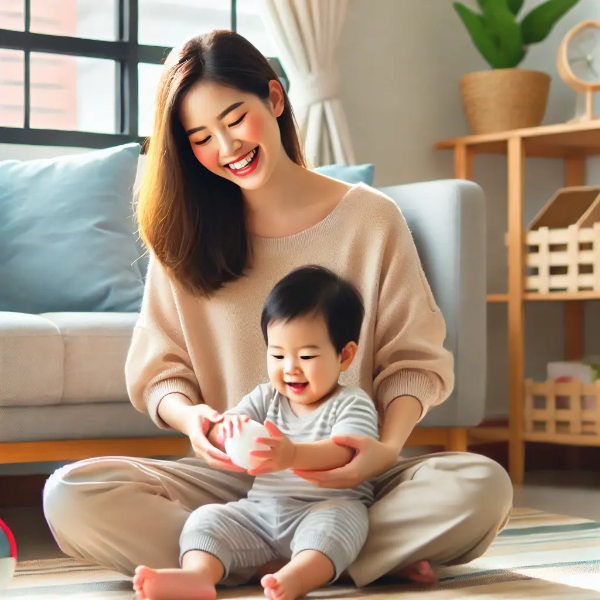 집 안에서 유아와 함께 즐겁게 놀이하는 젊은 동양 여성