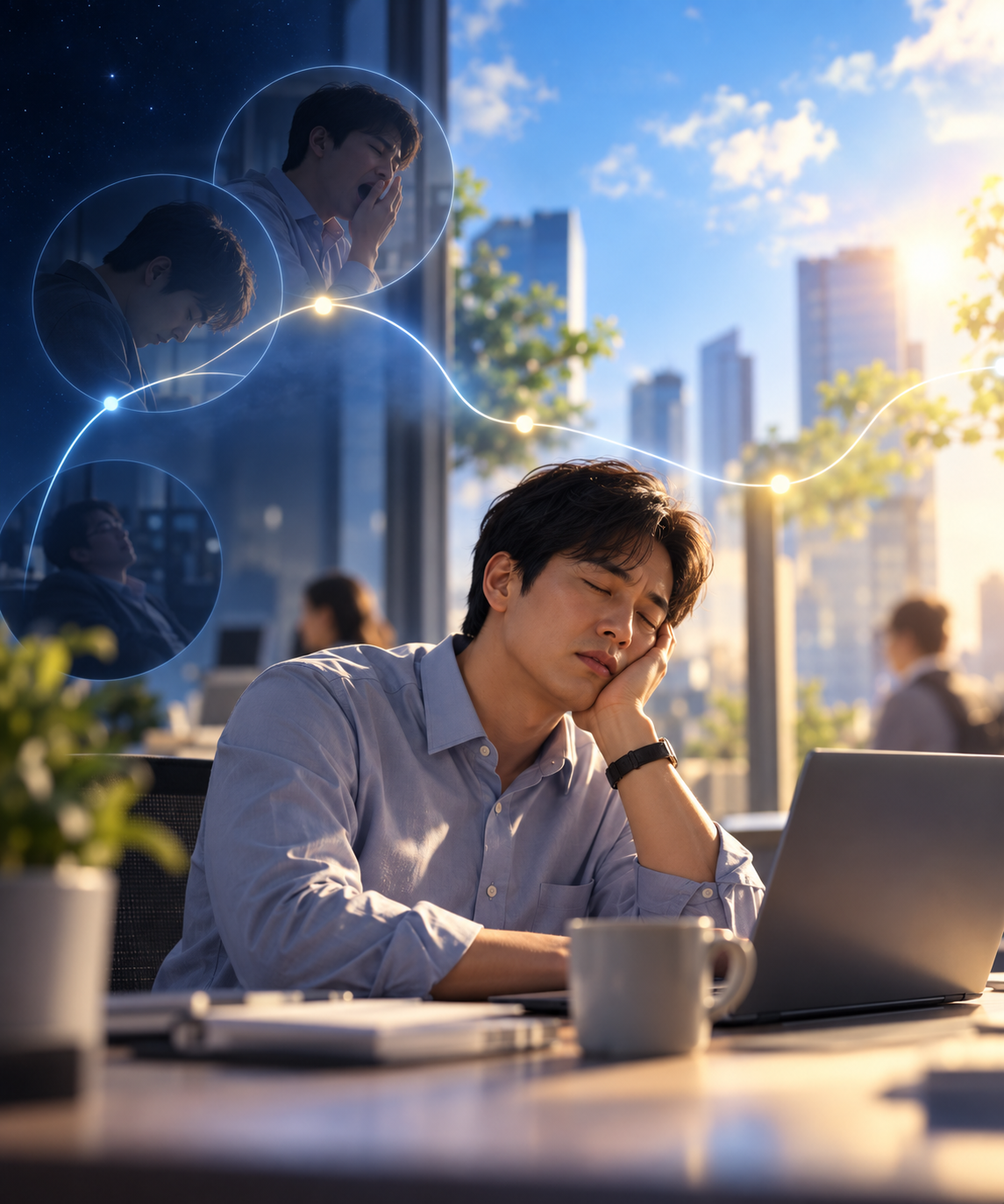 A daytime office scene showing a tired man briefly dozing beside his laptop, with smaller circular scenes of yawning and nodding off connected by a glowing coordinate line. The image represents excessive daytime sleepiness interrupting normal wakefulness in the AEP Health Living sleep series.