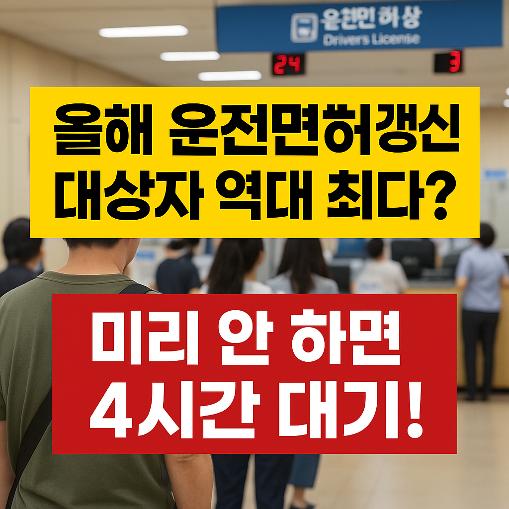 2025년 운전면허 갱신 대상자가 역대 최다라는 문구와 함께, 면허시험장에서 많은 사람들이 대기 중인 모습을 배경으로 '미리 안 하면 4시간 대기'라는 경고 문구가 강조된 이미지