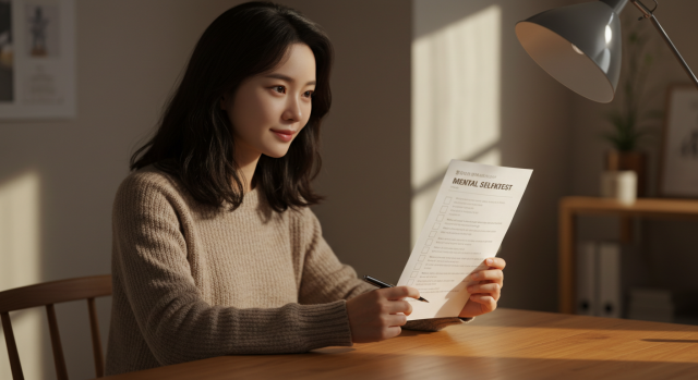 설문지를 보며 우울증 자가진단을 하는 한국인 여성