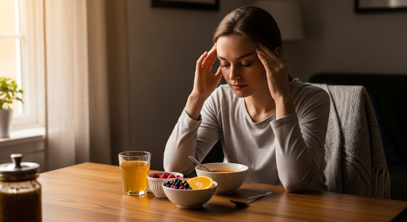 술 빨리 깨는 법을 고민하며 꿀물과 해장 음식을 바라보는 사람.