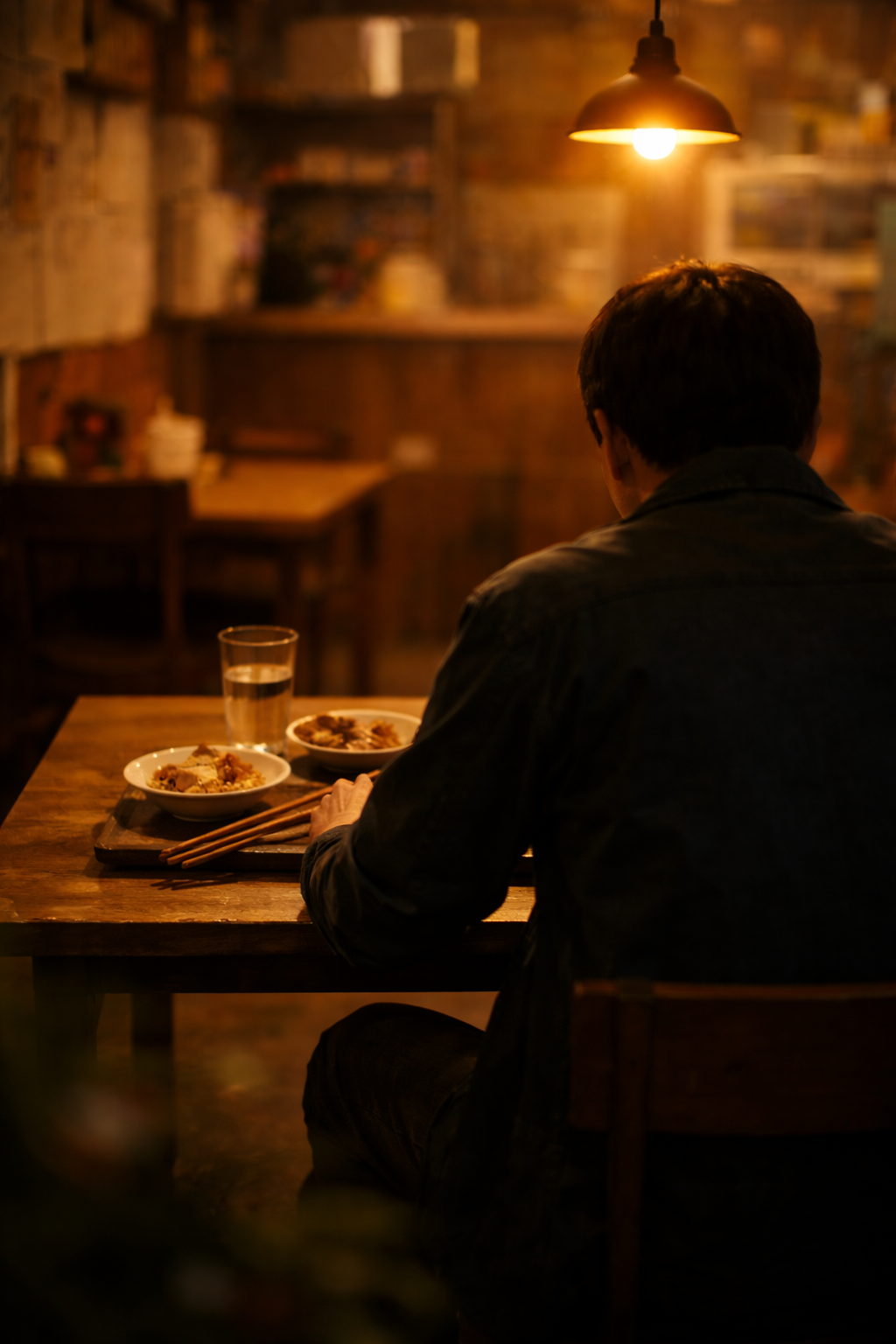 왜 우리는 충분히 먹고도 계속 부족함을 느끼는가, 작은 식당에서 혼자 식사를 멈춘 순간을 담은 포만권과 고갈 구조의 AEP 기록 이미지