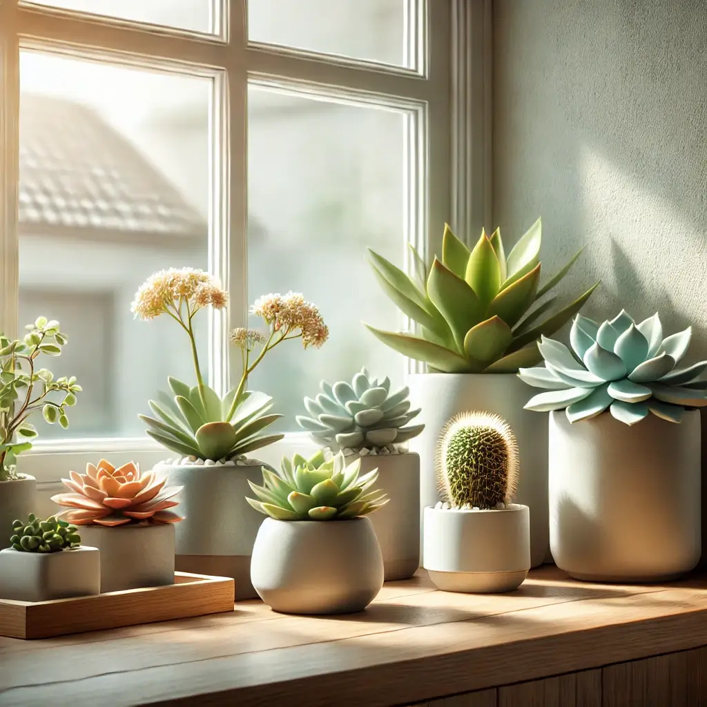 창가에 놓인 다육이 화분들의 실내 정원