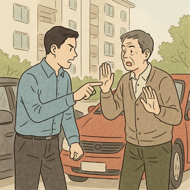 주차 구역을 놓고 실랑이 중인 두 입주민의 대화하는 모습