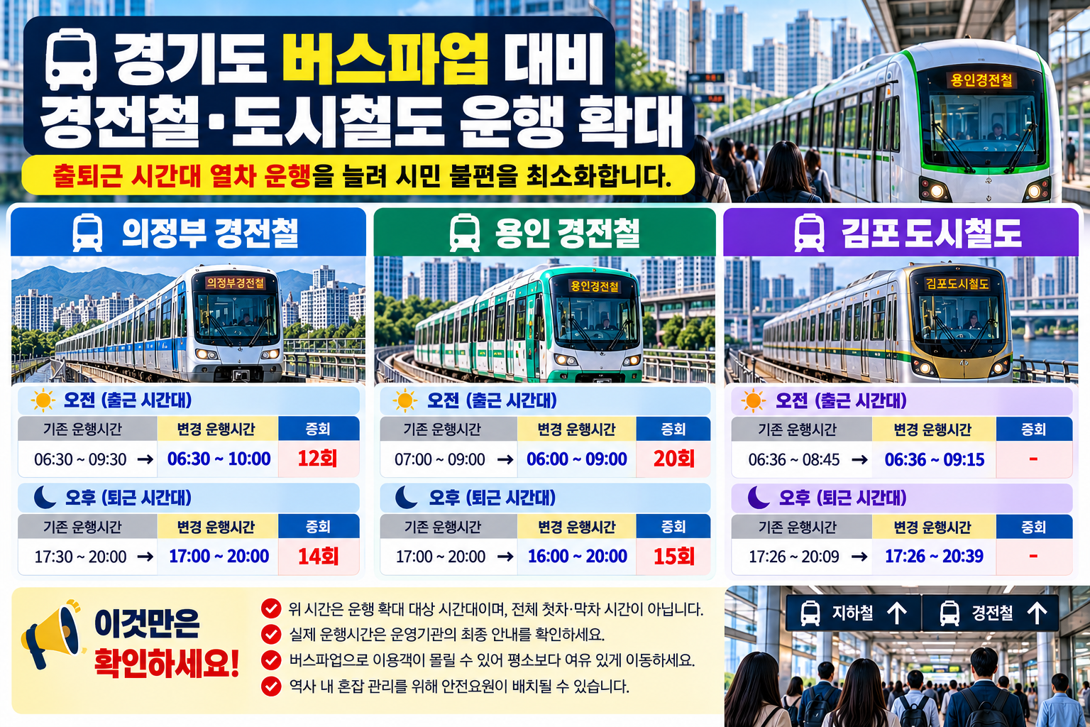 2026년 10월 30일 경기도 버스파업 대비 의정부경전철·용인경전철·김포도시철도 출퇴근 시간대 확대 운행시간 안내