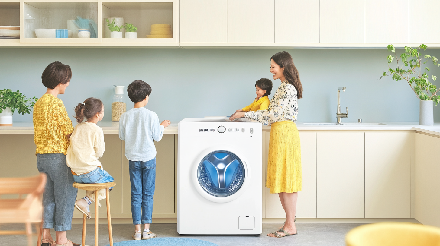 세련된 인테리어의 부엌 환경에서 조용히 세탁을 하고 있는 삼성 세탁기와 그 주위에 가족이 함께 있는 모습