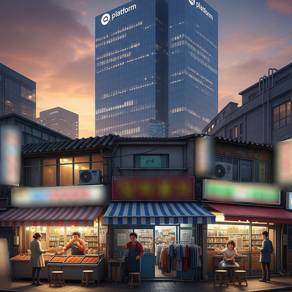 거대한 플랫폼 로고 건물 아래에서 힘겹게 장사하는 작은 가게 주인의 모습