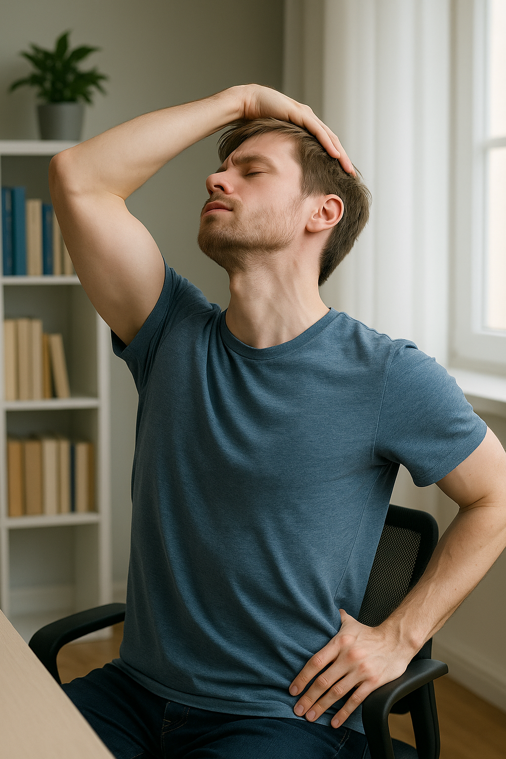 목이 뻣뻣한 남성이 스트레칭을 하는 중