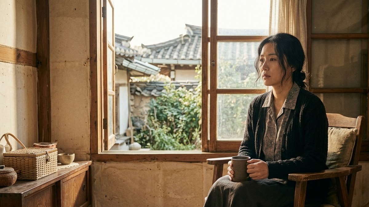 창가에 앉아 생각에 잠긴 젊은 여성