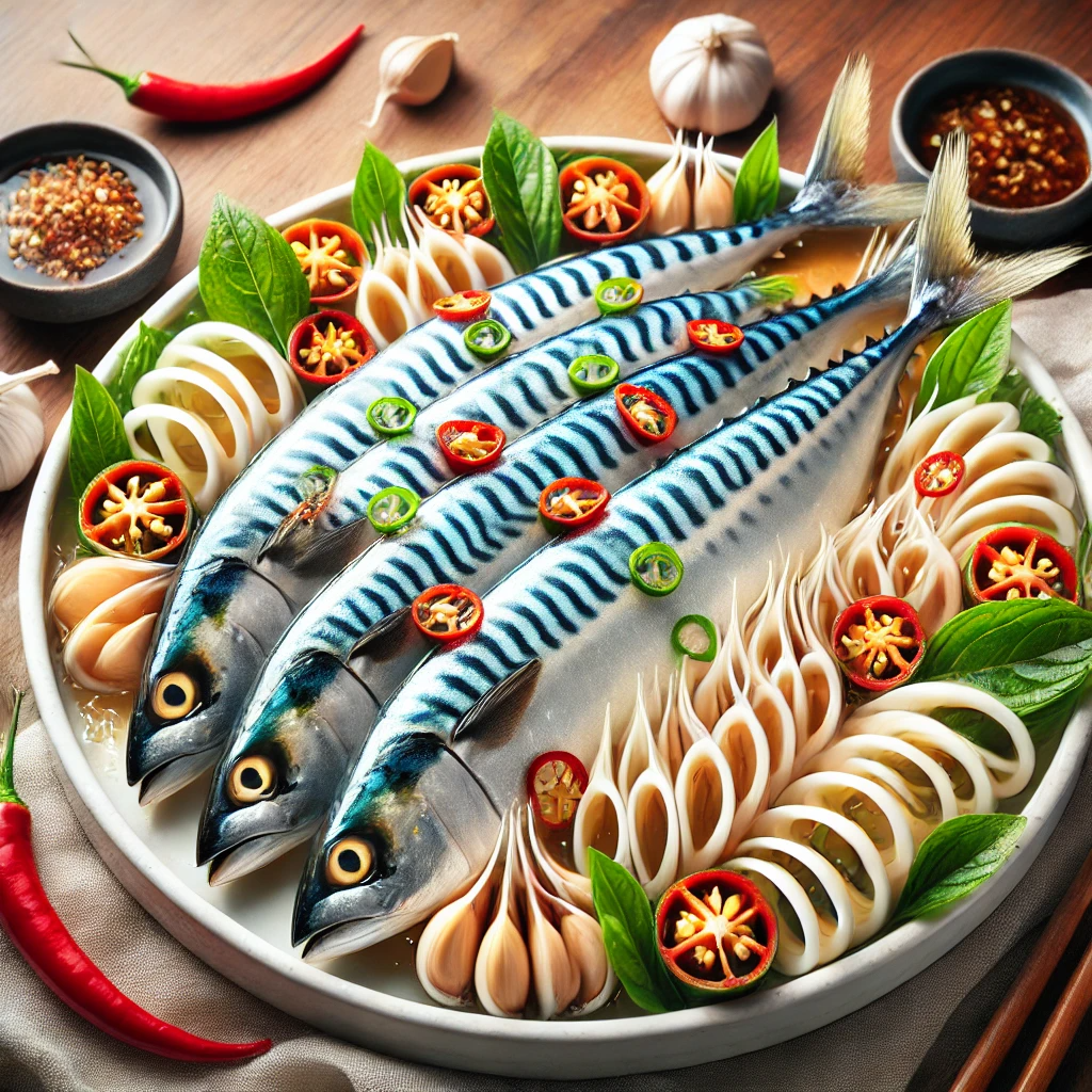 제주도식 고등어회, 얇게 썬 고등어회와 마늘, 고추, 깻잎이 곁들여진 신선한 해산물 요리