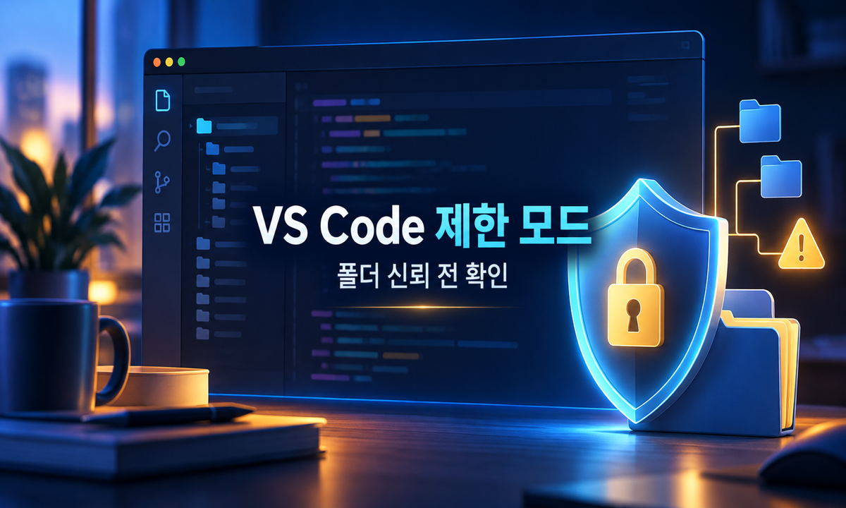 VS Code 편집기와 프로젝트 폴더를 방패와 자물쇠로 보호하는 제한 모드 안내 삽화