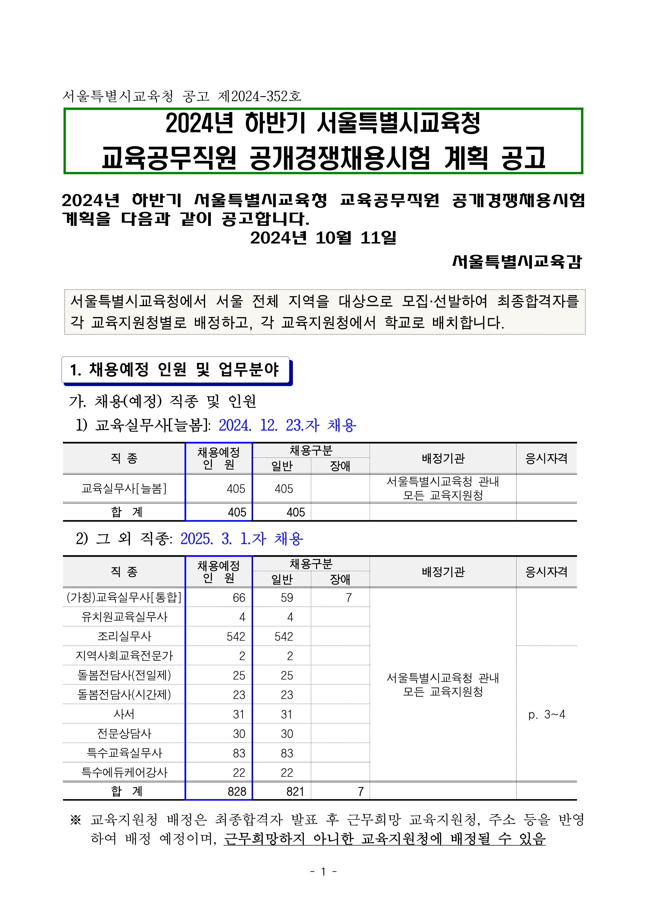 2024년 하반기 서울특별시교육청 교육공무직원 공개채용 공고.