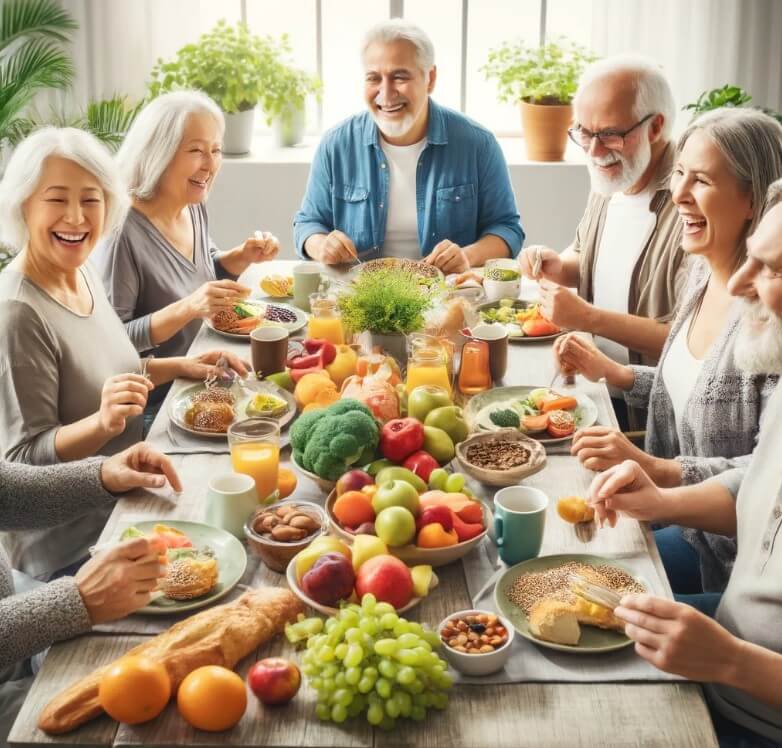노인들이 함께 건강한 식사를 즐기고 있는 모습을 담은 이미지