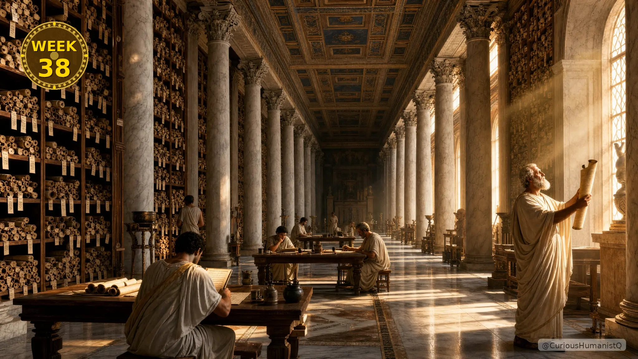 A cinematic photorealistic wide-angle interior scene of the Great Hall of the ancient Library of Alexandria at its height, circa 250 BCE, rendered in Hellenistic architectural style. The vast hall is depicted in dramatic one-point perspective, with towering rows of white marble Corinthian columns with ornate acanthus-leaf capitals receding deep into the background on both sides. The high coffered ceiling is painted with faded blue, ochre, and gold geometric and floral motifs. Along the left wall, floor-to-ceiling wooden pigeonhole shelving alcoves (thekai) are densely packed with thousands of tightly rolled papyrus scrolls of warm honey-brown and tan tones, each with a small hanging parchment identification tag (sillybos). In the foreground left, a young Greek scholar in a white chiton sits with his back to the viewer at a long wooden reading table, carefully reading an unrolled papyrus scroll, with additional scrolls and an ink vessel on the table beside him. In the mid-ground center, two more scholars in pale ochre robes are seated at a reading table, one bent in deep concentration over a scroll. Further back, additional scholars are visible at tables receding into the distance. On the right side of the foreground, an elderly white-bearded scholar in flowing white robes stands near a tall arched window, holding a large papyrus scroll raised up toward the brilliant warm light streaming in, examining it closely. Dramatic golden late-afternoon sunlight pours through high clerestory windows on the right wall, creating brilliant light shafts that illuminate slowly drifting dust motes in the air and cast long precise geometric shadows across the polished white marble floor.