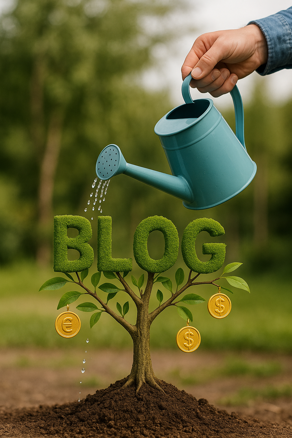 잘 자란 나무(살려낸 글)에 물뿌리개로 물을 주자, 나뭇가지 끝에 작은 황금 동전(수익)이 열리는 상징적인 이미지. 잘 수정한 블로그 글에 애드센스 수익화 전략을 적용하는 모습