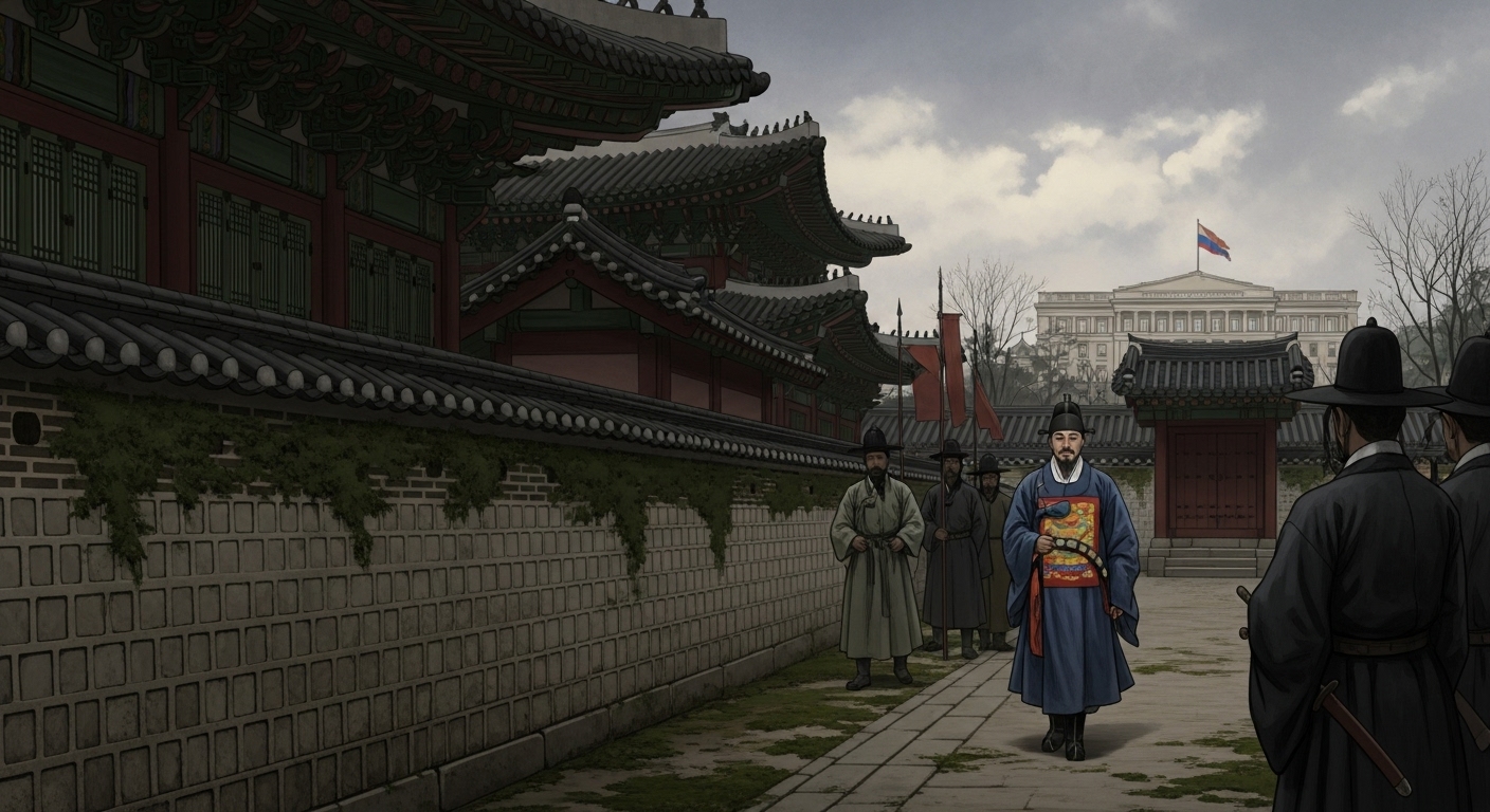 고종 황제가 아관파천 당시 덕수궁 돌담길을 따라 이동하는 모습을 묘사한 역사화. 근대 격동기의 고난과 위엄이 느껴진다.